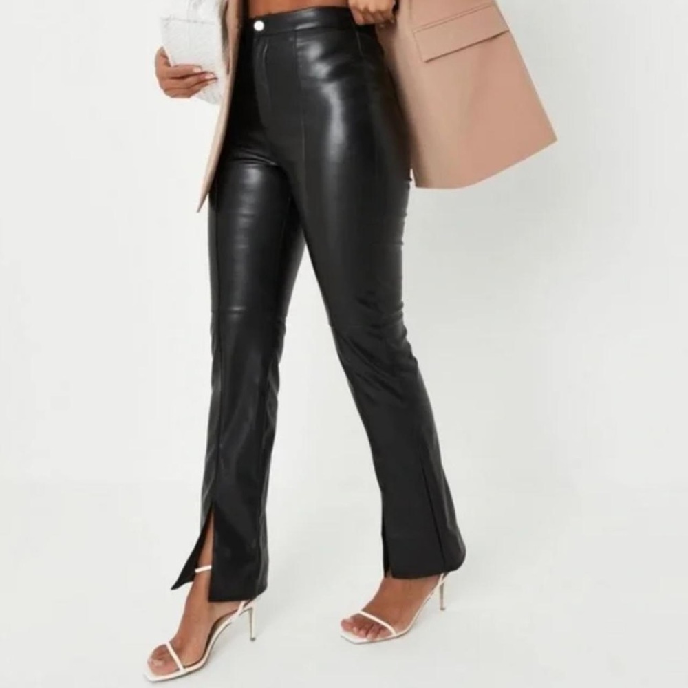 Black Faux leather split hem pants